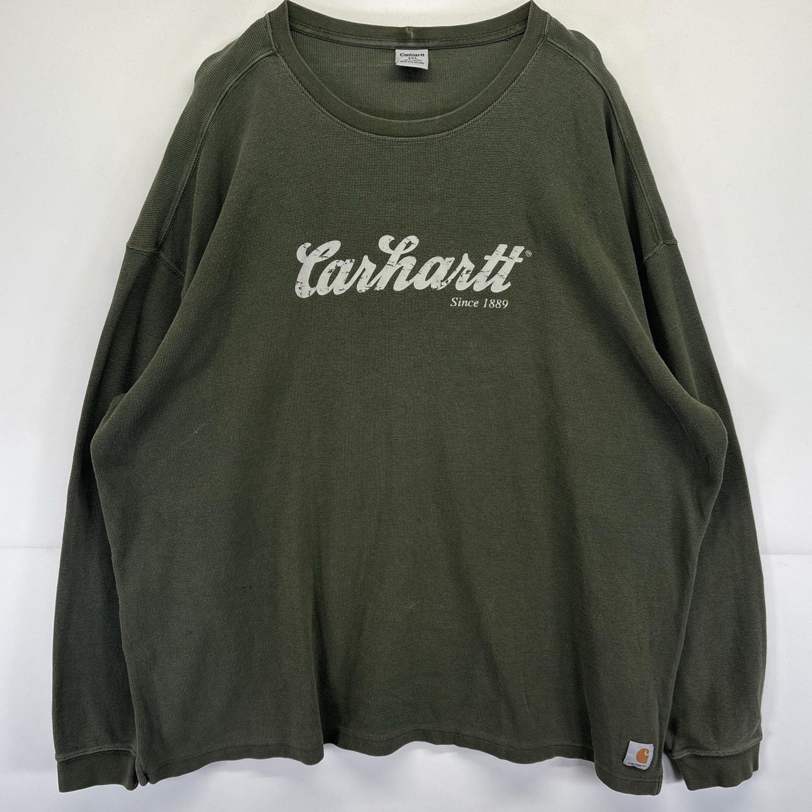 古着 カーハート Carhartt 長袖Tシャツ サーマル クルーネック 大きいサイズ 前面プリント 2XL  カーキ系 メンズ