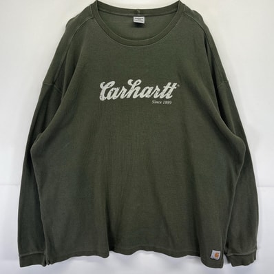 古着 カーハート Carhartt 長袖Tシャツ サーマル クルーネック 大きいサイズ 前面プリント 2XL カーキ系 メンズ