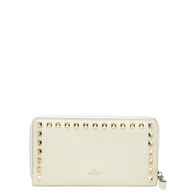 ヴァレンティノ ロックスタッズ ラウンドファスナー 長財布 ホワイト レザー レディース VALENTINO 【中古】
