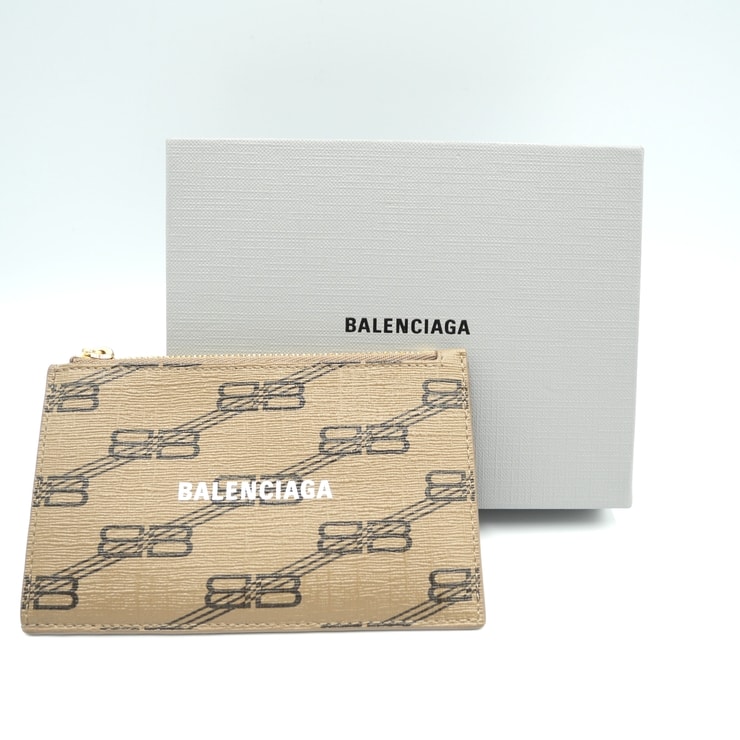 BALENCIAGA(バレンシアガ)シグネチャー BBモノグラム フラグメントケース カードケース コインケース ベージュ レザー ゴールド金具【中古】
