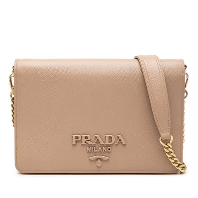 プラダ ロゴ 斜め掛け チェーン ショルダーバッグ ベージュ レザー レディース PRADA 中古