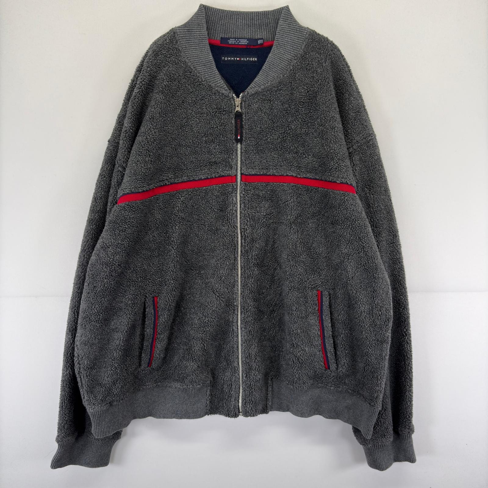 古着 トミーヒルフィガー TOMMY HILFIGER フリース ジャケット フルジップ ワンポイント ボア 大きいサイズ フリース 2XL グレー メンズ