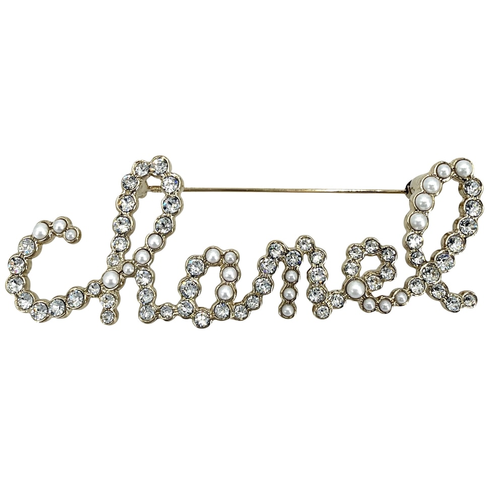 CHANEL シャネル ブローチ ロゴ 筆記体 アクセサリー GP ラインストーン フェイクパール AB2806 B20V レディース 約14.9g 美品 2020年【中古品】