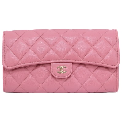 シャネル 新品同様 AP0241 キャビアスキン マトラッセ クラシックフラップロングウォレット