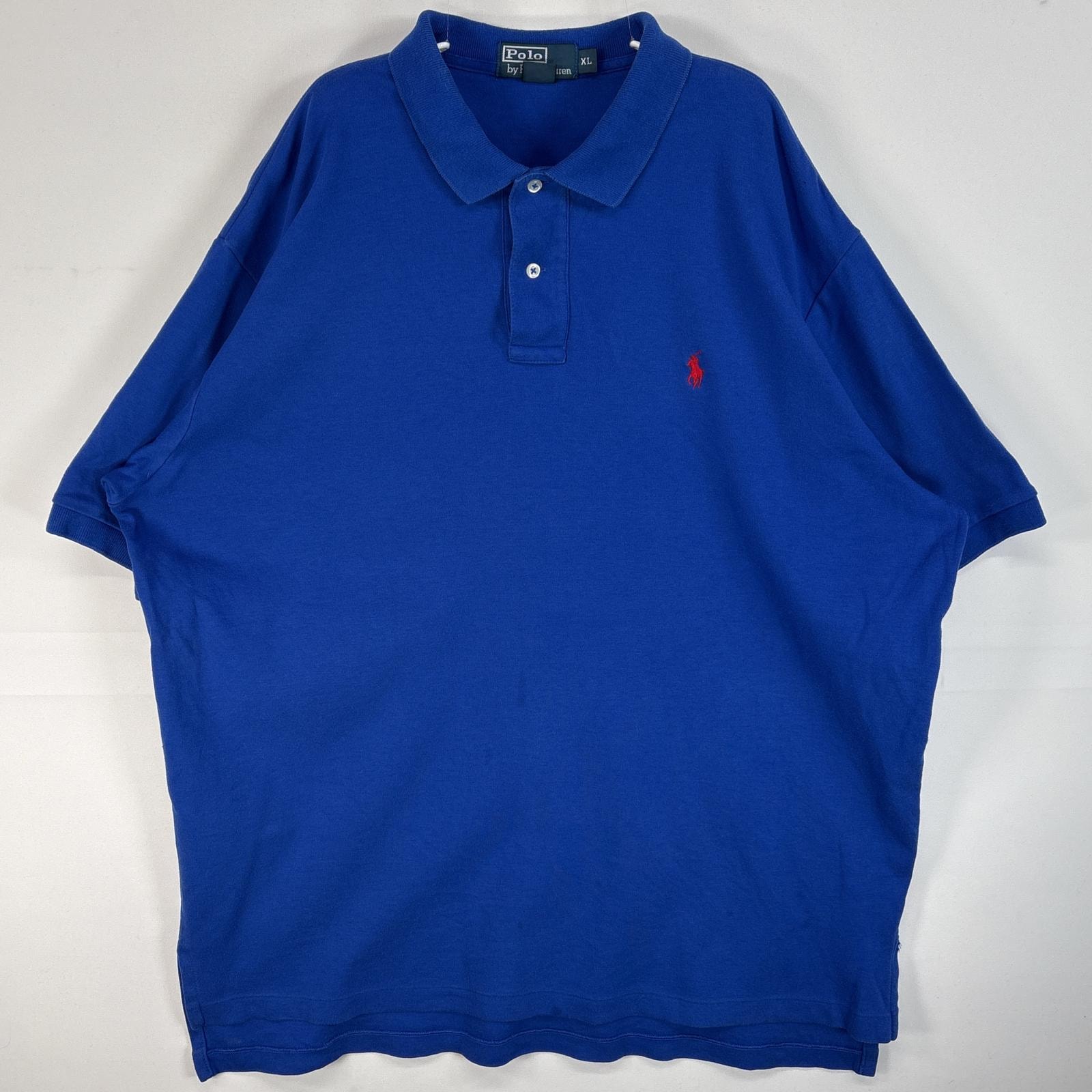 古着 90's/90年代 ポロバイラルフローレン Polo by Ralph Lauren 半袖 ポロシャツ ロゴ 刺繍 大きいサイズ 2ボタン XL  ブルー 無地 メンズ