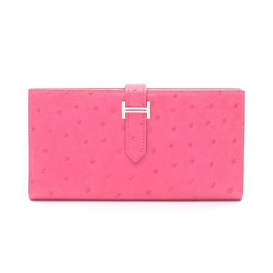 エルメス HERMES ベアンスフレ フューシャピンク 二つ折り長財布 財布 オーストリッチ オーストリッチ C刻印(2018年製造) レディース ピンク系 【中古】