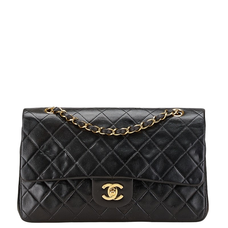 シャネル ココマーク マトラッセ25 ダブルフラップ チェーン ショルダーバッグ ブラック ラムスキン レディース CHANEL 中古