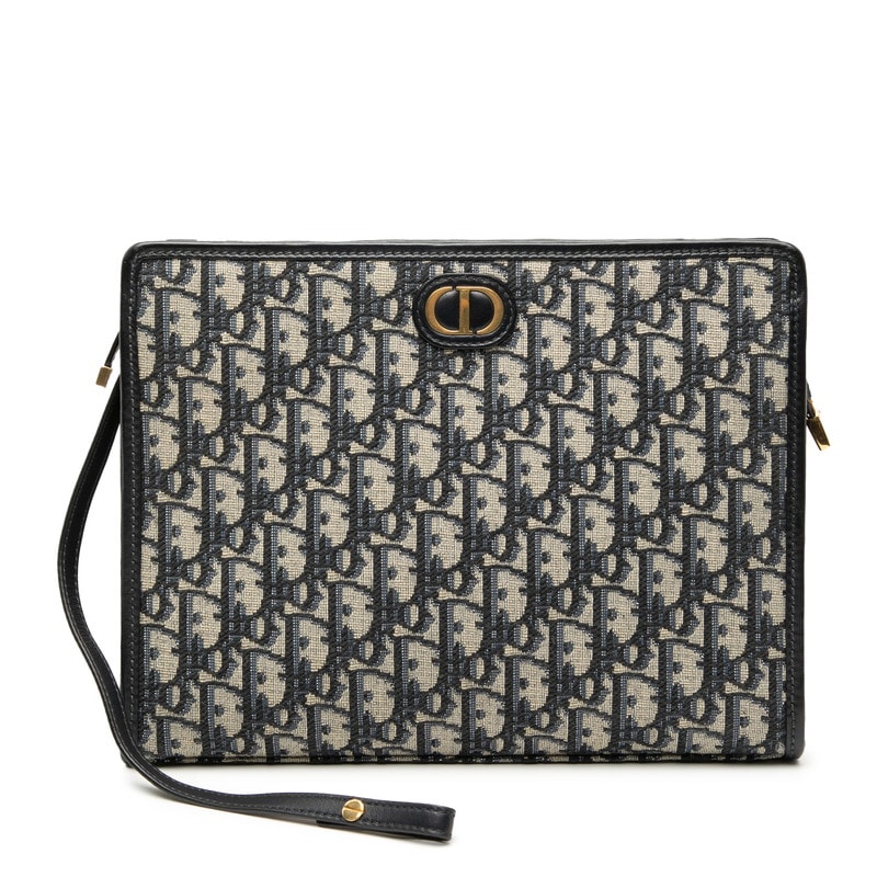 ディオール オブリーク トロッター 30 モンテーニュ クラッチバッグ ジャガード ネイビー キャンバス レザー レディース Dior 中古
