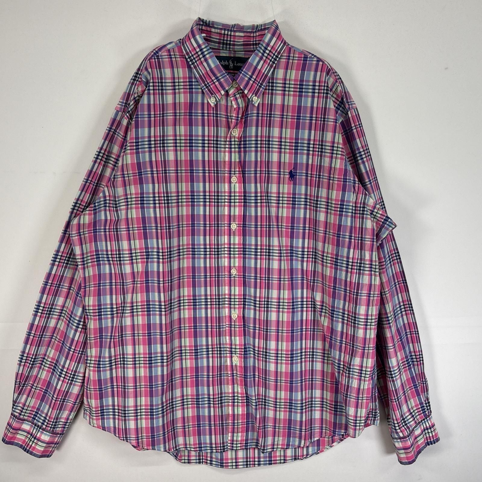 古着 ラルフローレン RALPH LAUREN 長袖シャツ ロゴ 刺繍 ボタンダウン 薄手 チェック XL  ピンク系 マルチカラー メンズ