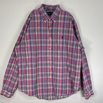 古着 ラルフローレン RALPH LAUREN 長袖シャツ ロゴ 刺繍 ボタンダウン 薄手 チェック XL ピンク系 マルチカラー メンズ