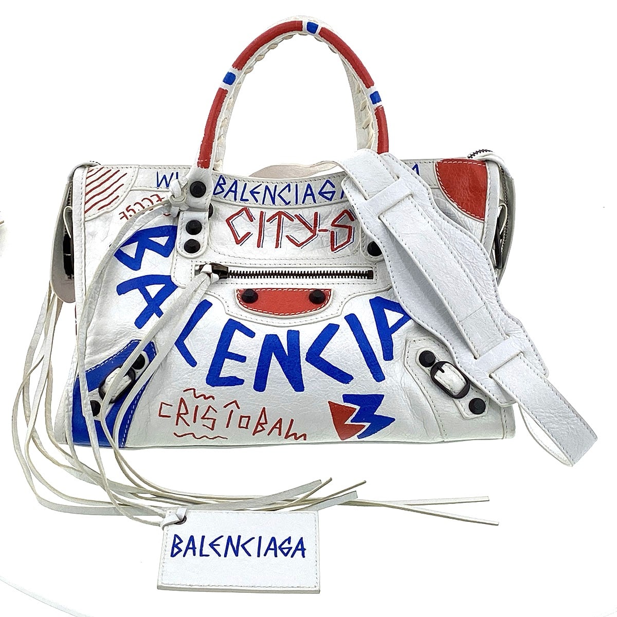 BALENCIAGA バレンシアガ 2WAY グラフティ クラシック シティ S ハンドバッグ 431621 レザー ホワイト ブルー レッド  レディース【中古】