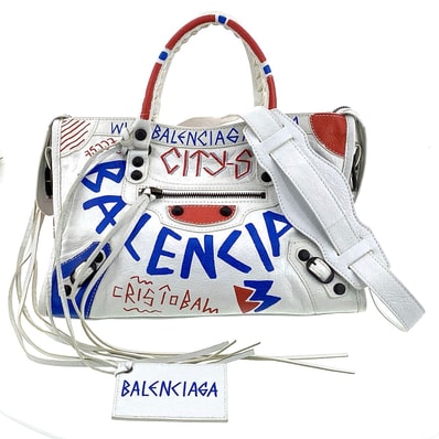 BALENCIAGA バレンシアガ 2WAY グラフティ クラシック シティ S ハンドバッグ 431621 レザー ホワイト ブルー レッド レディース【中古】