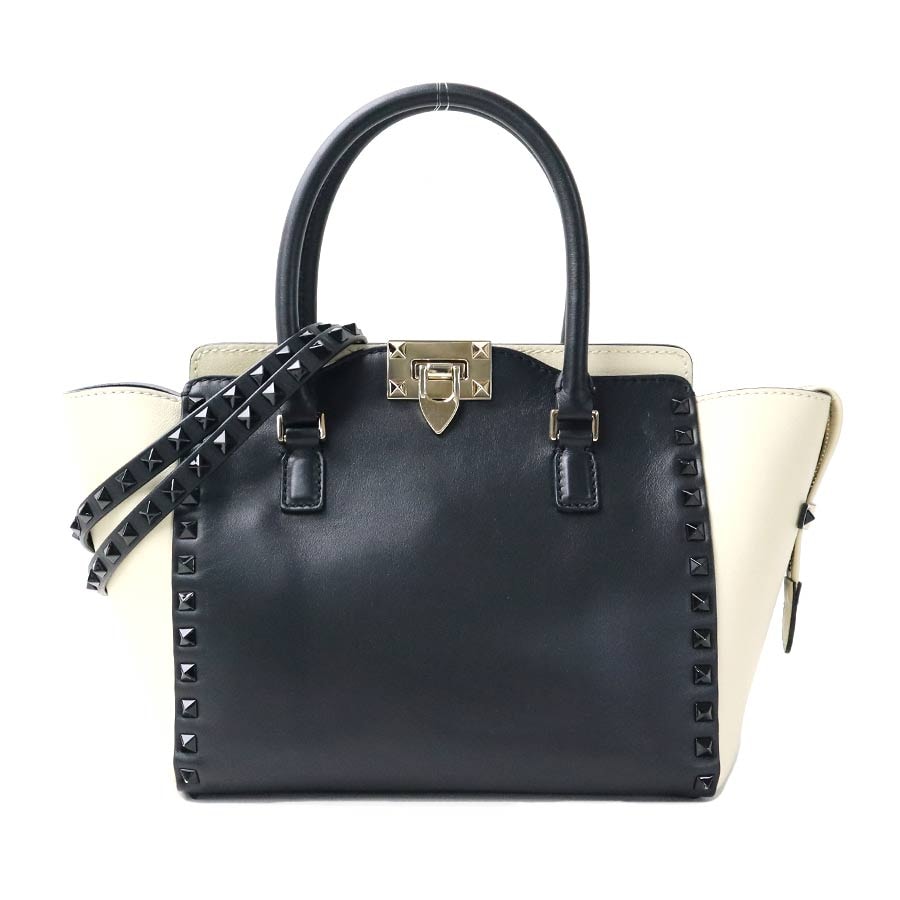 ヴァレンティノ ガラヴァーニ Valentino Garavani ハンドバッグ ショルダーバッグ レザー ブラック×アイボリー レディース【中古】 h31296a