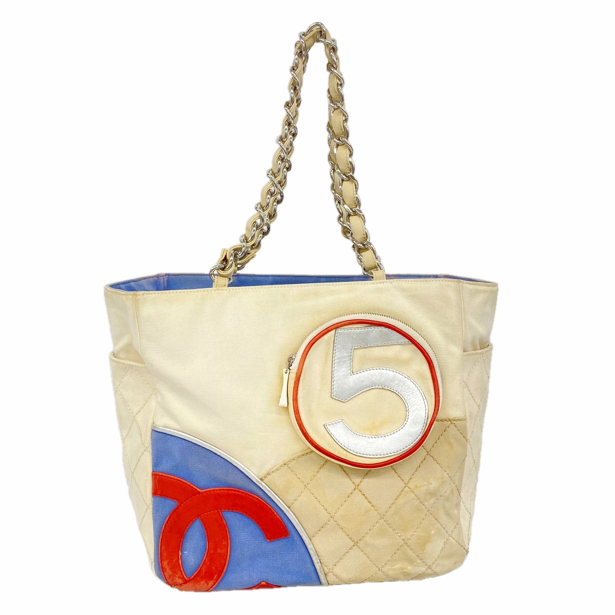 【6ib1675】シャネル チェーントート NO.5 キャンバス ホワイト ブルー シルバー金具【中古】レディース