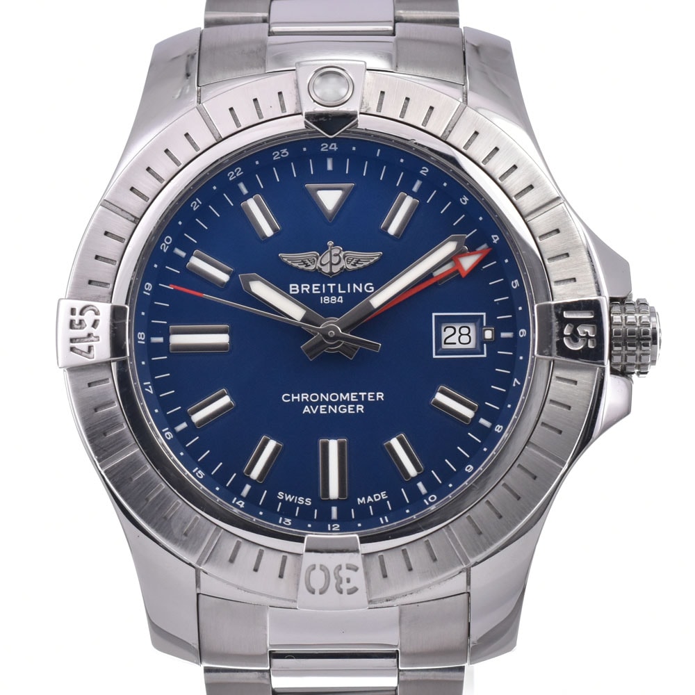 ブライトリング BREITLING A32395 アベンジャー オートマチック GMT 45 デイト ブルー 自動巻き メンズ 美品 腕時計 L#148253