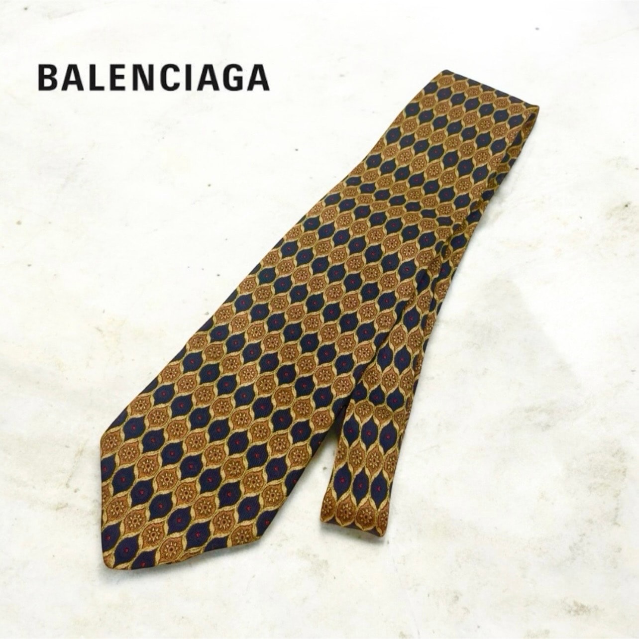 美品 バレンシアガ シルクネクタイ ネイビー ヴィンテージ柄