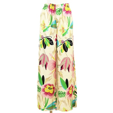 【美品】GUCCI グッチ イージーパンツ シルク100% サイズ 40 レディース 2023年製 ロゴ ボタン トロピカル フローラル 花柄 プリント ワイド ボトムス アイボリー イタリア製