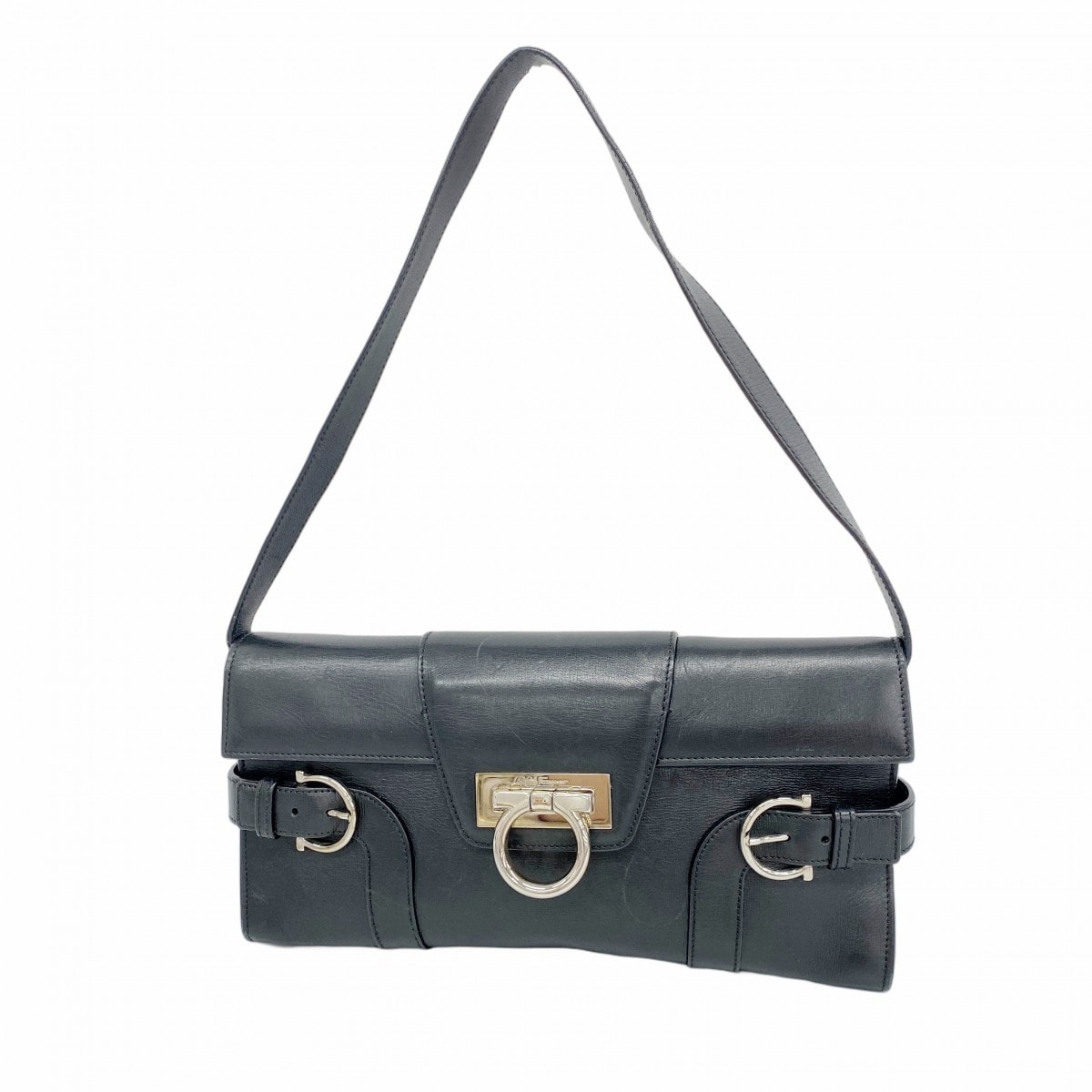 【6cd4498】サルヴァトーレフェラガモ ショルダーバッグ ガンチーニ レザー ブラック シルバー金具【中古】レディース