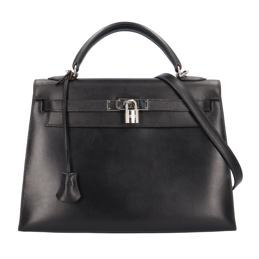 エルメス ケリー32 外縫い ショルダーバッグ ボックスカーフ ブラック レディース HERMES 中古