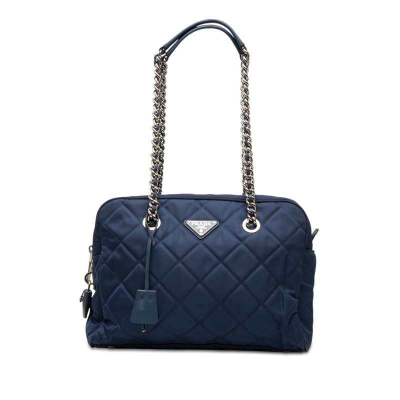 プラダ 三角ロゴプレート キルティング チェーン ショルダーバッグ ブルー ナイロン レディース PRADA 【中古】