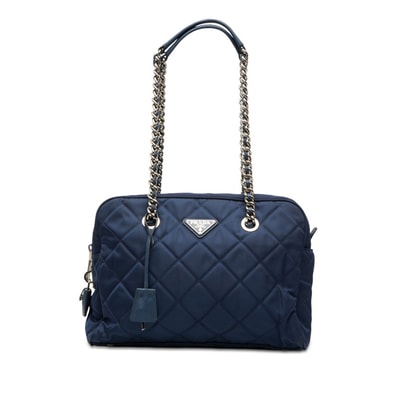 プラダ 三角ロゴプレート キルティング チェーン ショルダーバッグ ブルー ナイロン レディース PRADA 【中古】