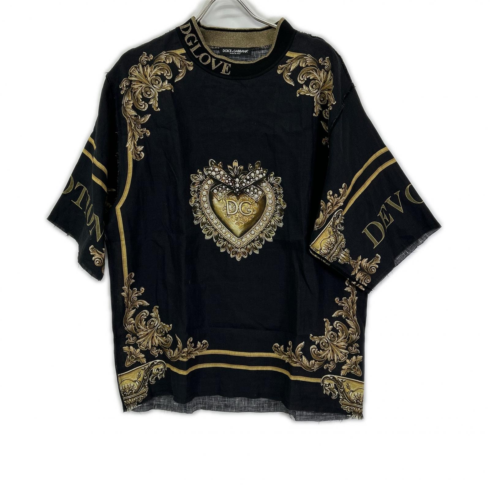 ドルチェアンドガッバーナ ブラック×ゴールド リネン100 DGLOVE ショートスリーブ ビッグシルエット トップス 48