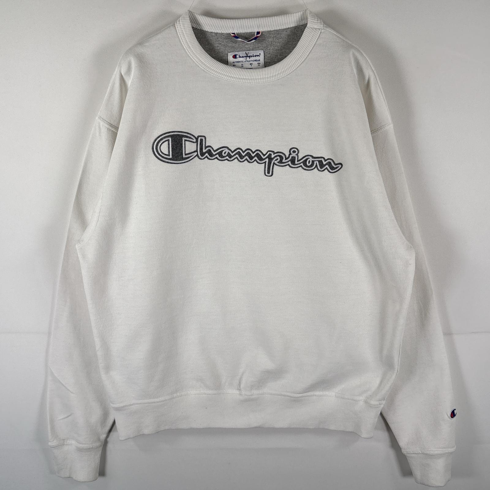 古着 チャンピオン Champion スウェット トレーナー ビッグロゴワッペン クルーネック プルオーバー  L  ホワイト メンズ