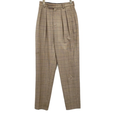 セリーヌ 2P240915H ベージュ グレンチェック ウール タックテーパードパンツ 36
