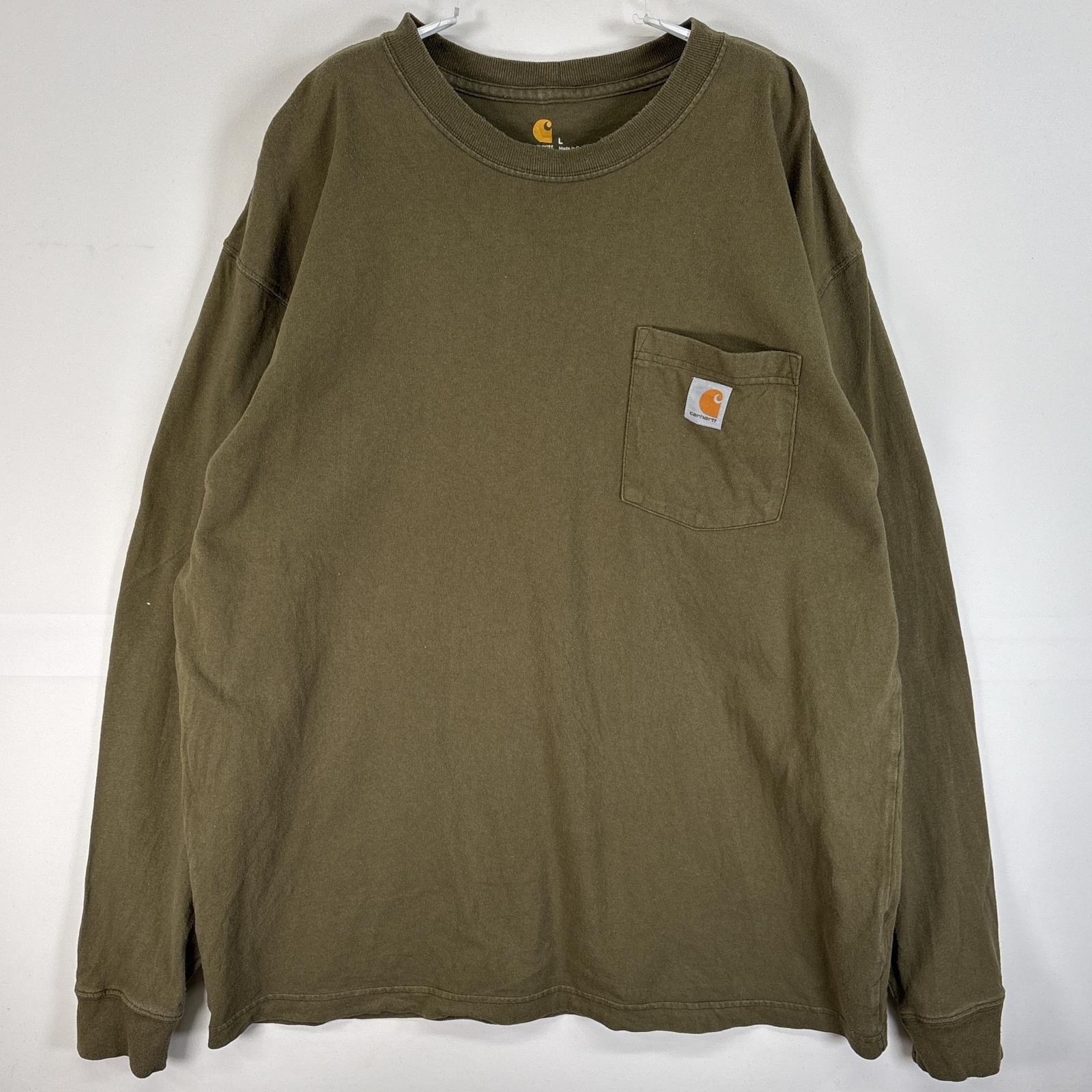 古着 カーハート Carhartt 長袖Tシャツ ワンポイント ロゴ クルーネック 胸ポケ L  カーキ 無地 メンズ
