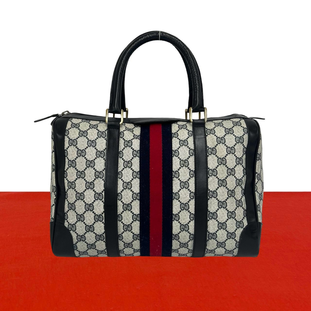 GUCCI グッチ シェリーライン GG 柄 レザー PVC ハンドバッグ ネイビー
 84266