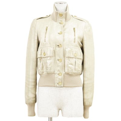 GUCCI グッチ ブルゾン サイズ 38 レディース ゴートスキン レザー メタリック リブニット 中綿 ミリタリー ジャケット ショートレングス 短丈 アウター シャンパンゴールド 金色 イタリア製