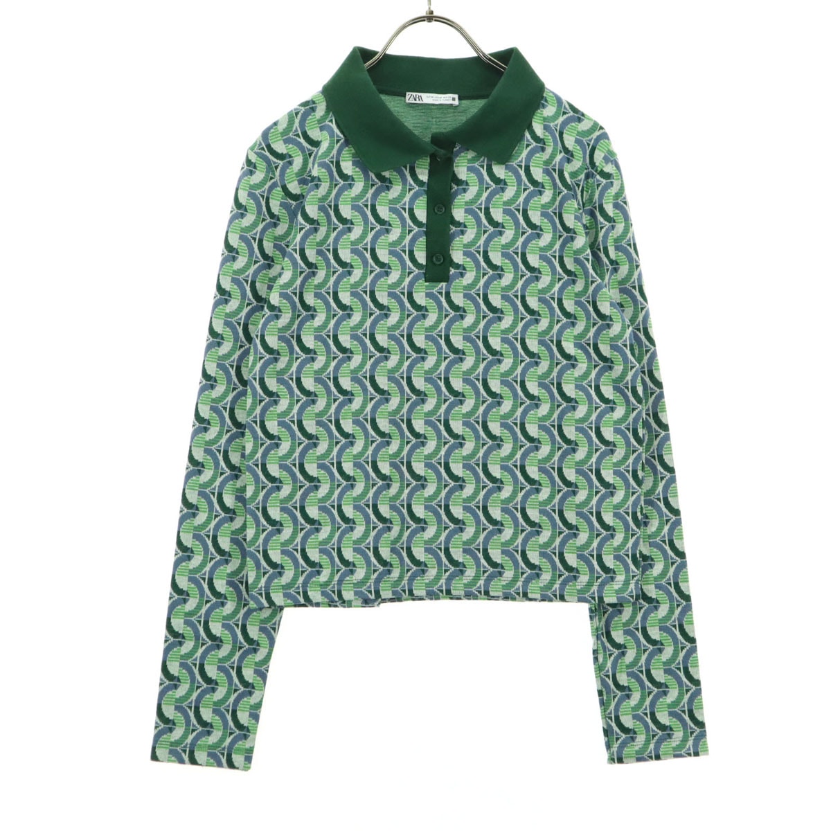 美品 ZARA ザラ 幾何学柄 長袖 ニット ポロシャツ M グリーン系