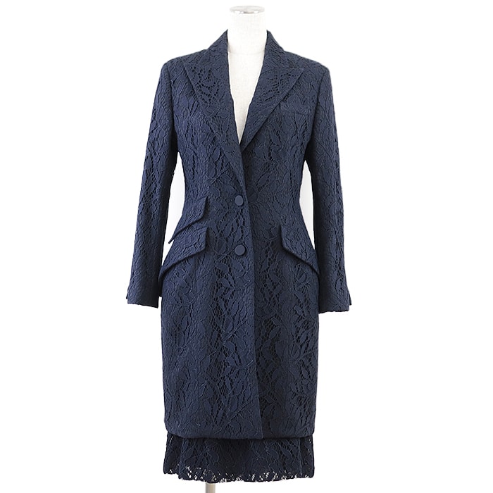 【美品】 クリスチャンディオール 総レース コート スカート セットアップ レディース ネイビー 38/38 Christian Dior