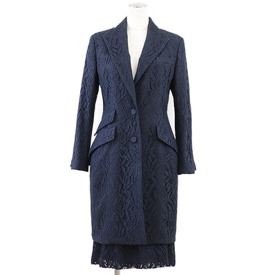 【美品】 クリスチャンディオール 総レース コート スカート セットアップ レディース ネイビー 38/38 Christian Dior
