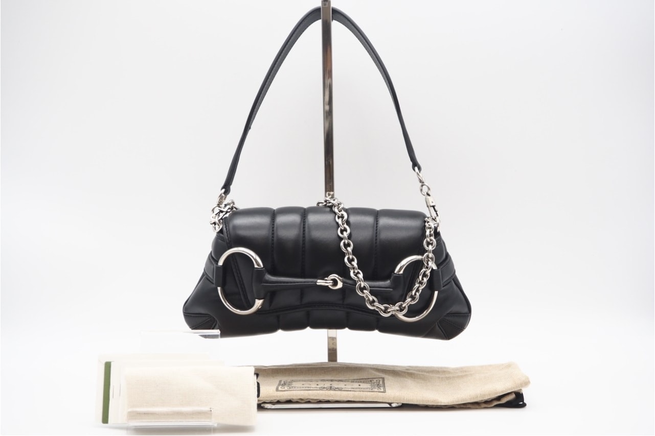 極美品 GUCCI グッチ ホースビット チェーン スモール ショルダーバッグ 764339 2wayショルダーバッグ ブラック シルバー レザー レディース