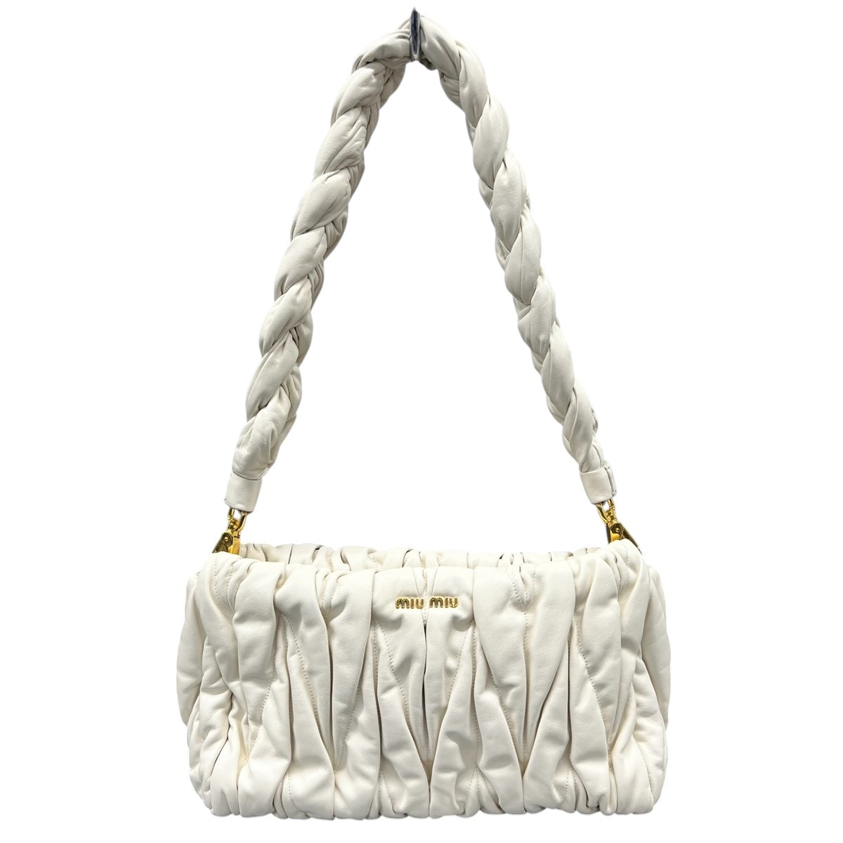 miumiu 希少 美品 ミュウミュウ マテラッセ ギャザー セミショルダーバッグ クラッチバッグ 5BC022 レザー ホワイト アイボリー ギャザー ワンショルダーバッグ Y2K ABランク 中古 鑑定済 ミュウミュウバッグ