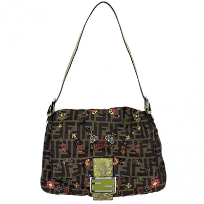 FENDI フェンディ ショルダーバッグ 刺繡 マンマバケット ワンショルダー ビーズ 肩掛け Mamma Bucket 花柄 26325 パイソン ナイロンジャガード ブラウン 茶 ゴールド金具 レディース【中古品】