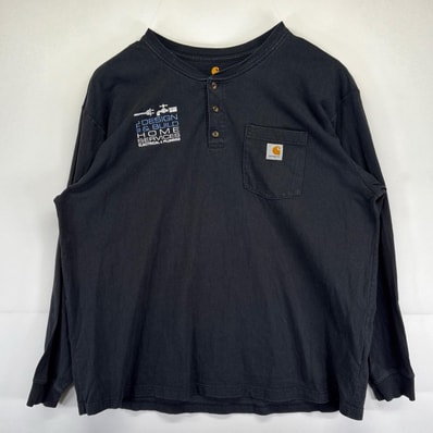 古着 カーハート Carhartt 長袖Tシャツ 大きいサイズ ヘンリーネック 企業刺繍 ワーク ワンポイントロゴ 2XL ブラック メンズ