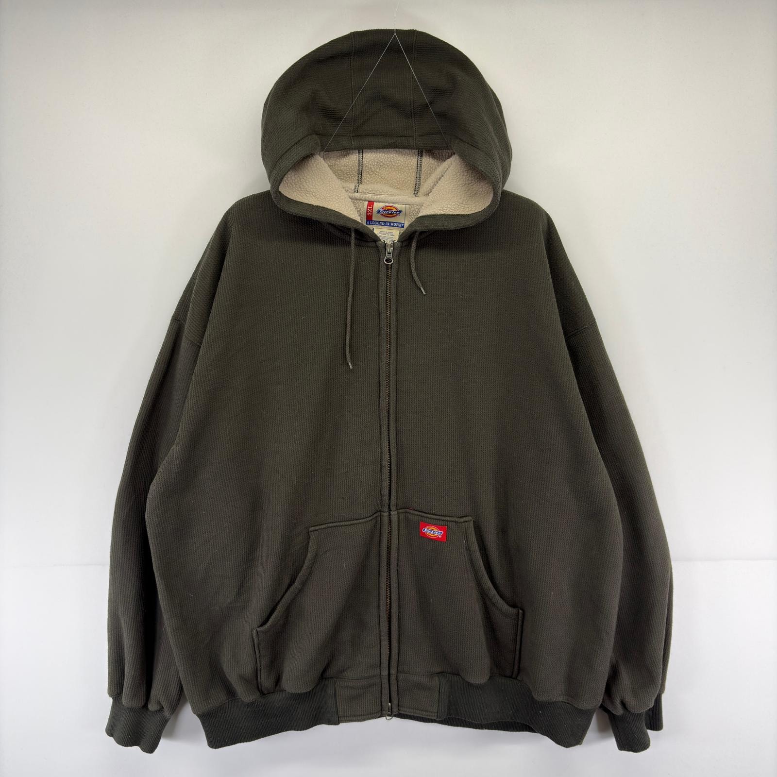古着 ディッキーズ Dickies ジャケット フルジップ 裏地ボア 大きいサイズ ワンポイントロゴ ワッフル 3XL  カーキ系 メンズ