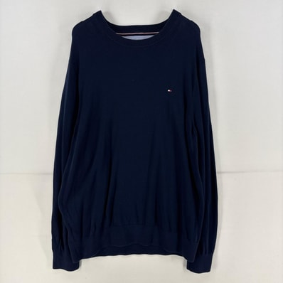 古着 トミーヒルフィガー TOMMY HILFIGER ニット ワンポイント クルーネック ロゴ セーター 刺繍 2XL ネイビー メンズ