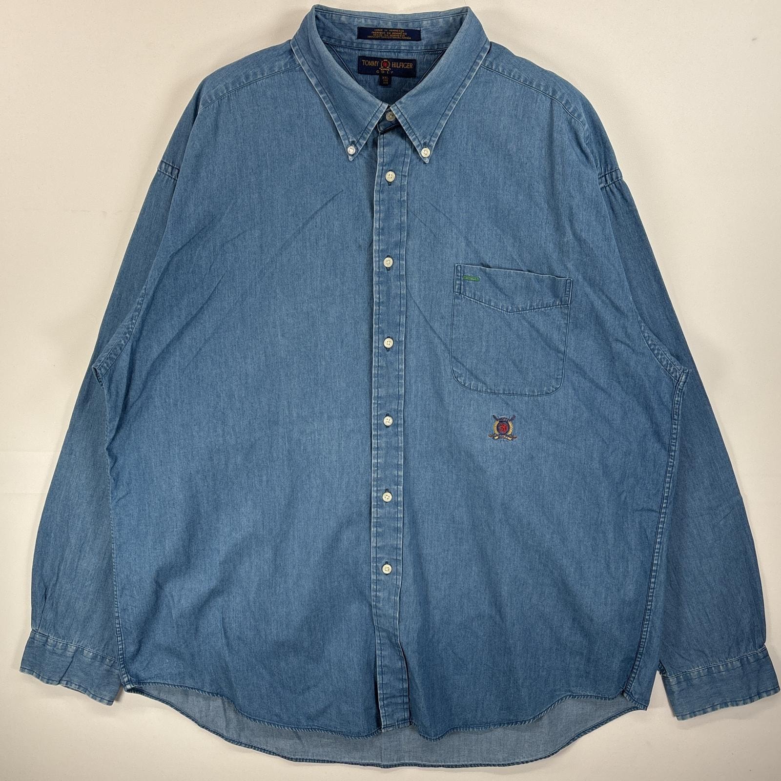 古着 90's/90年代 トミーヒルフィガー TOMMY HILFIGER 長袖シャツ ボタンダウンシャツ ワンポイント ロゴ 刺繍 胸ポケ 14041  ブルー 無地 メンズ