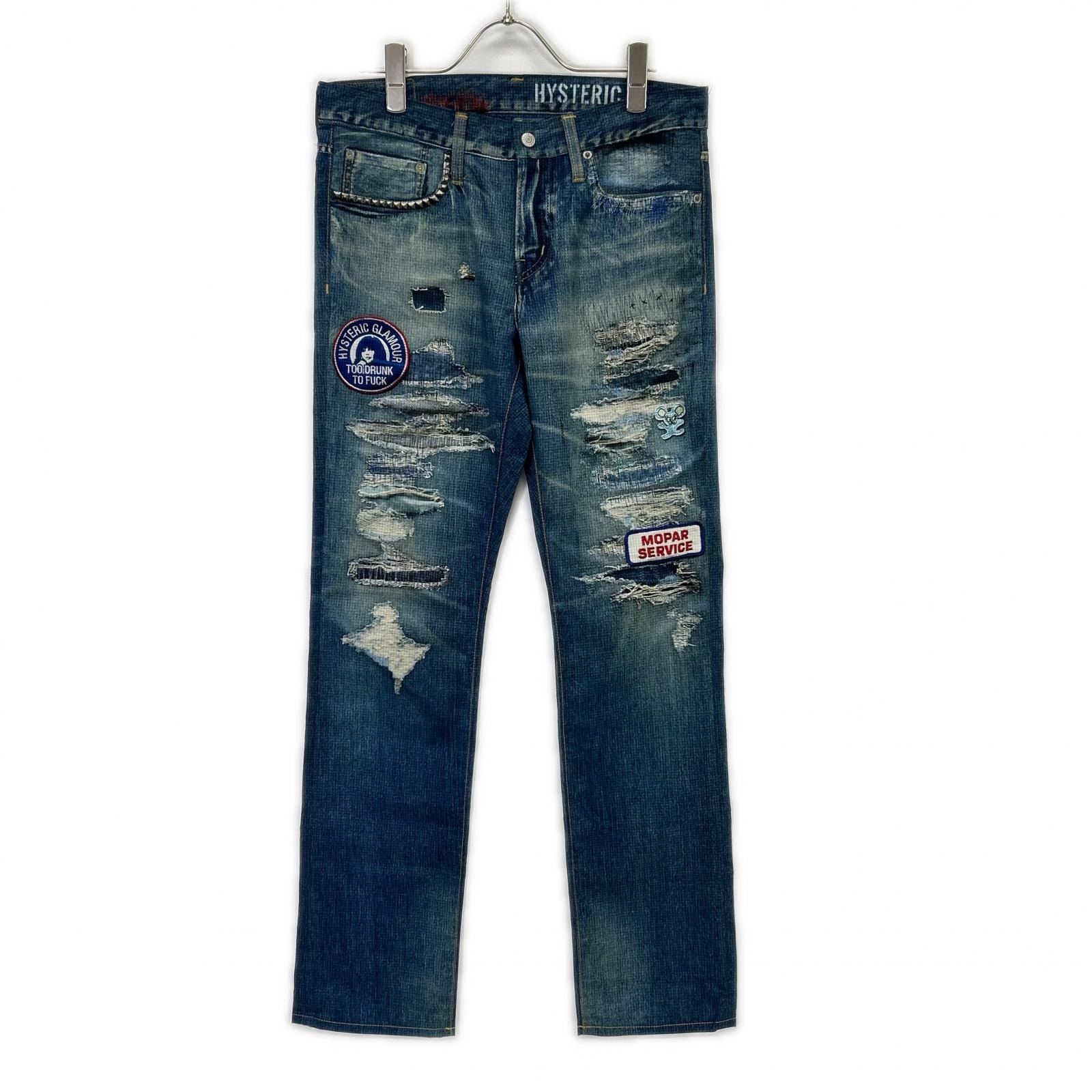ヒステリックグラマー 02191AP06 ブルー ダメージ デニム転写パンツ S