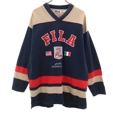 FILA フィラ 90s オールド 長袖 Vネック Tシャツ L ネイビー ロンT