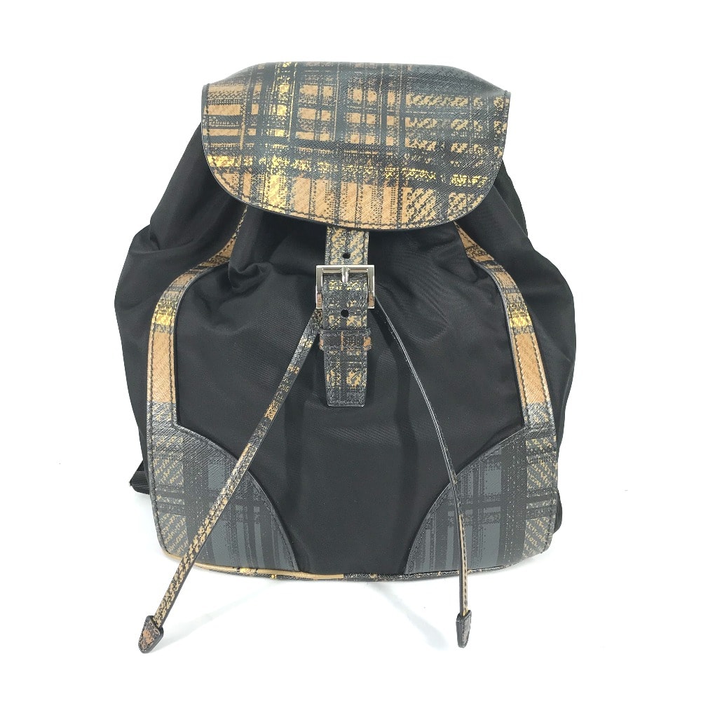 プラダ PRADA チェック 1BZ038 トライアングルロゴ 三角ロゴ プレート バックパック カバン 巾着 リュックサック ナイロン/レザー ブラック