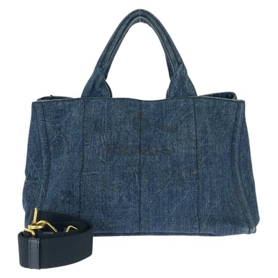 美品 PRADA プラダ カナパ 三角ロゴプレート 2way ブルー ゴールド金具 デニム トートバッグ ショルダーバッグ 604310 【中古】