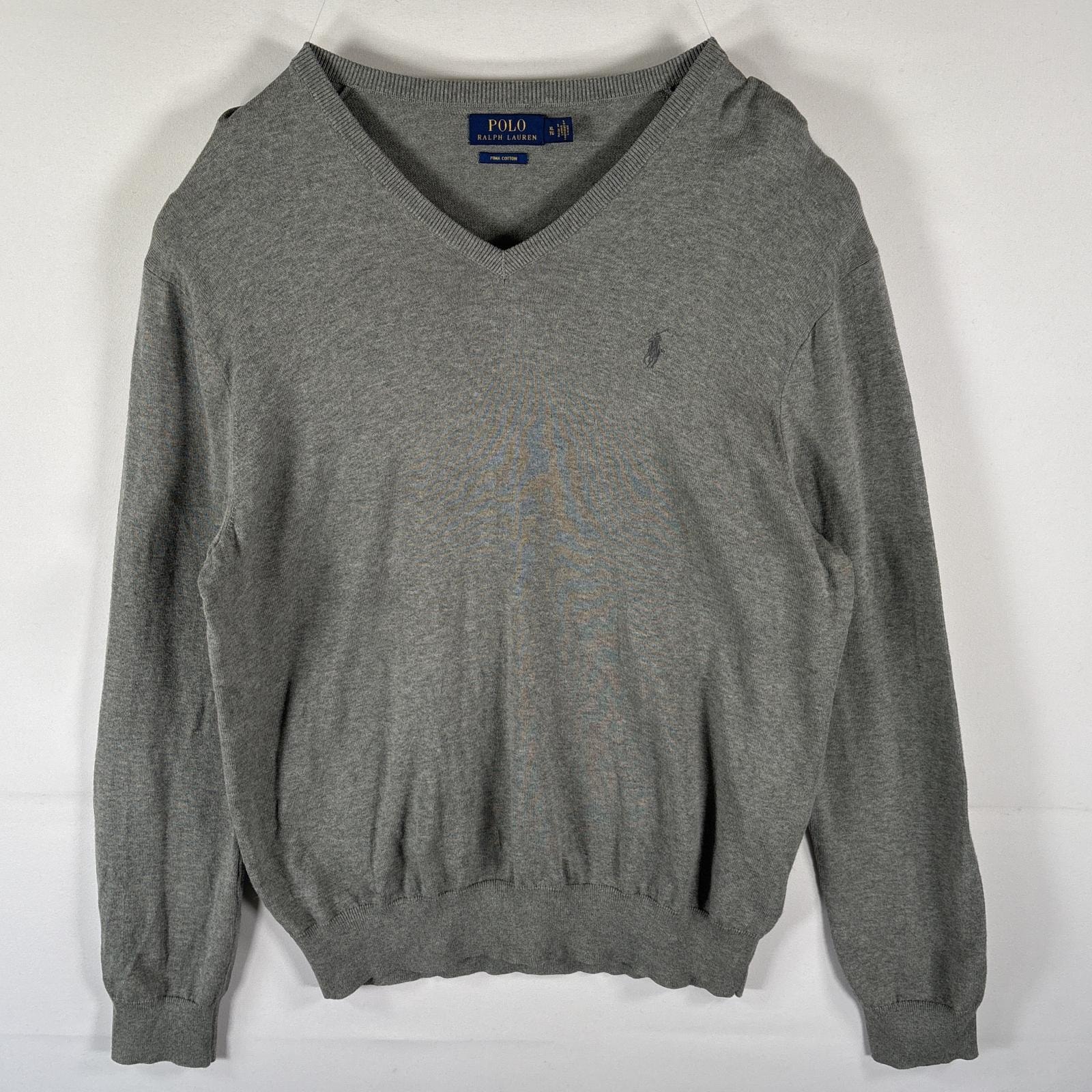 古着 ポロ・ラルフローレン POLO RALPH LAUREN コットンニットセーター Vネック ワンポイント 薄手 大きいサイズ XL  グレー メンズ
