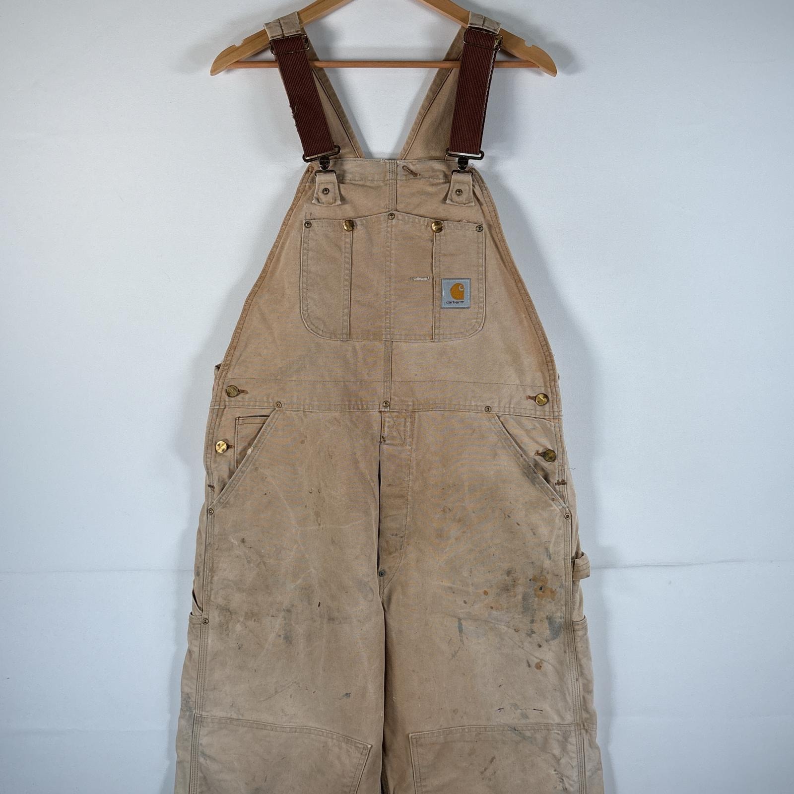 古着 カーハート Carhartt オーバーオール ダック ワーク ワンポイントロゴ サイドポケット ダブルニー  大きいサイズ ハンマーループ  ベージュ系 メンズ