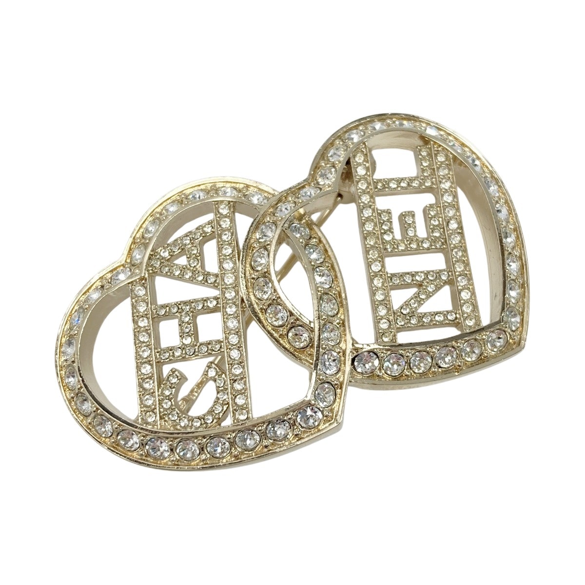 ☆☆CHANEL シャネル ロゴ ダブルハート ブローチ C23B ゴールド GP ラインストーン
