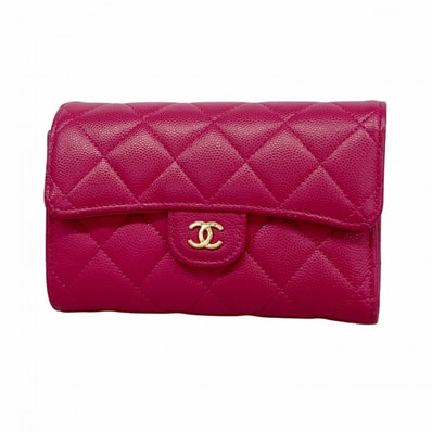 ★SALE【6eb0850-k】シャネル 三つ折り財布 マトラッセ キャビアスキン ピンク ゴールド金具【中古】レディース