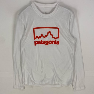 古着 パタゴニア patagonia 長袖Tシャツ クルーネック ビッグプリントロゴ アウトドア S ホワイト系 プリント メンズ